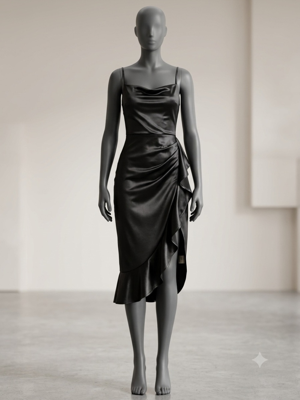 Satin Ruffle-Trim Midi Dress in Black